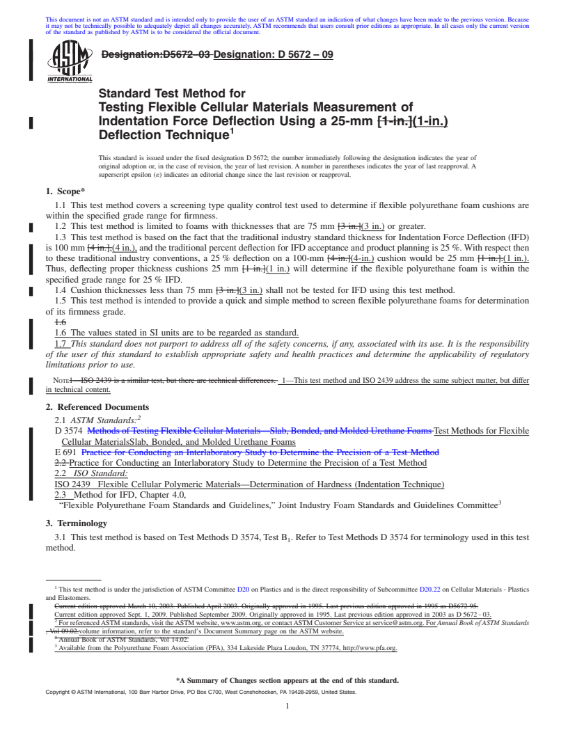 REDLINE ASTM D5672-09 - Standard Test Method for Testing Flexible Cellular Materials Measurement of Indentation Force Deflection Using a 25-mm (1-in.) Deflection Technique