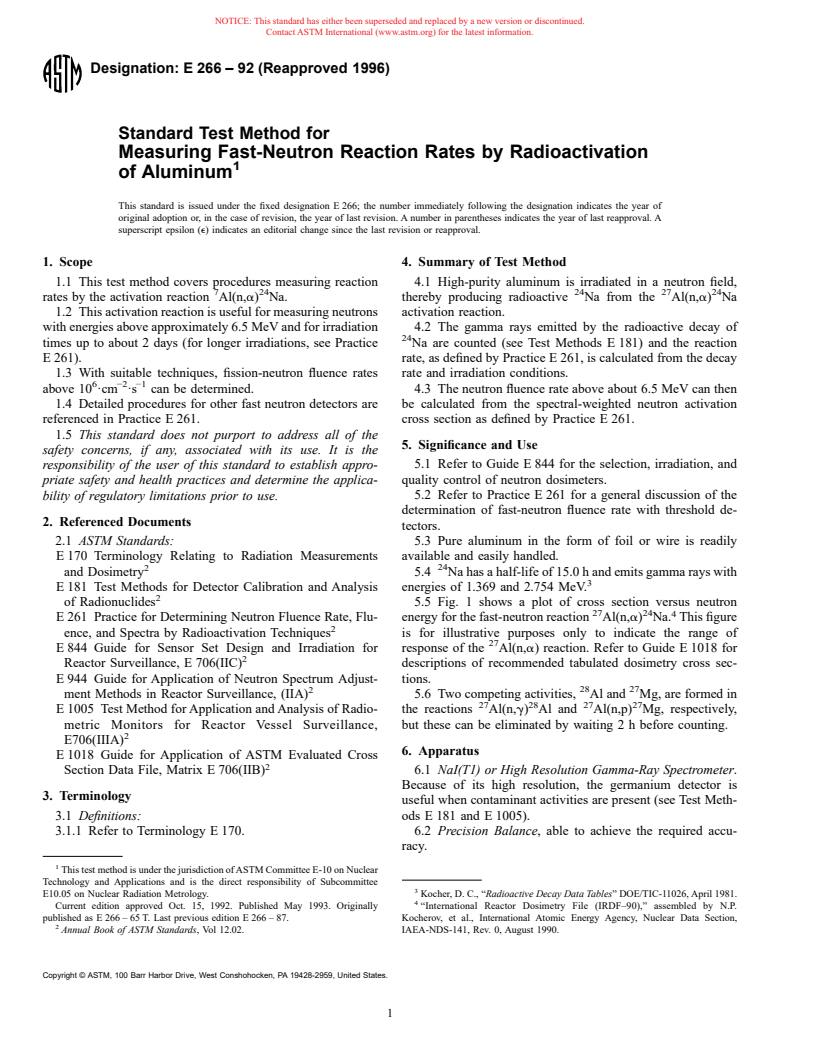 ASTM E266-92(1996) - Standard Test Method for Measuring Fast-Neutron Reaction Rates by Radioactivation of Aluminum