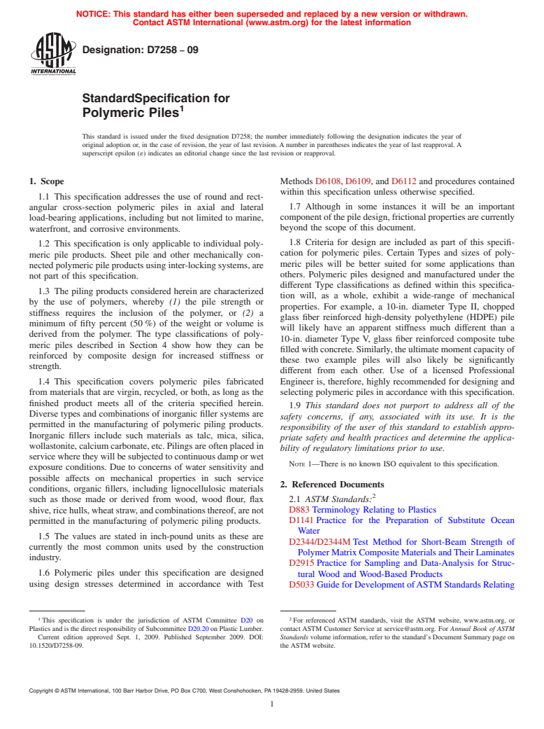 ASTM D7258-09 - Standard Specification for Polymeric Piles