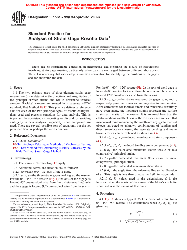 ASTM E1561-93(2009) - Standard Practice for Analysis of Strain Gage Rosette Data