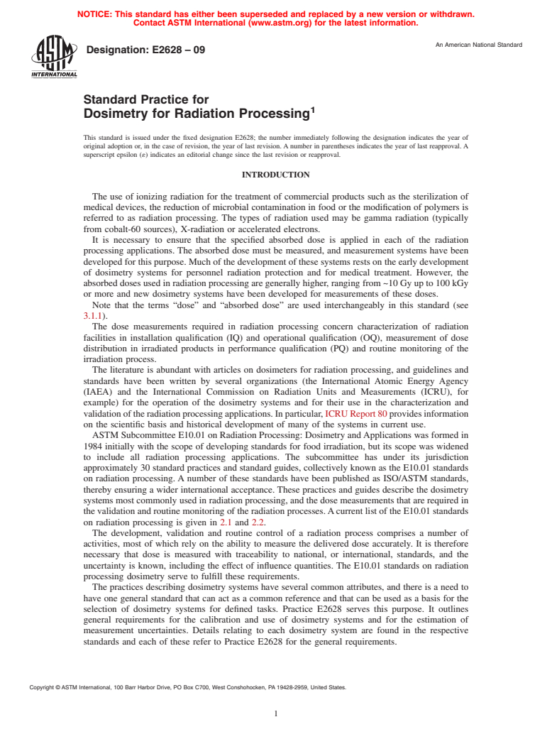 ASTM E2628-09 - Standard Practice for Dosimetry for Radiation Processing