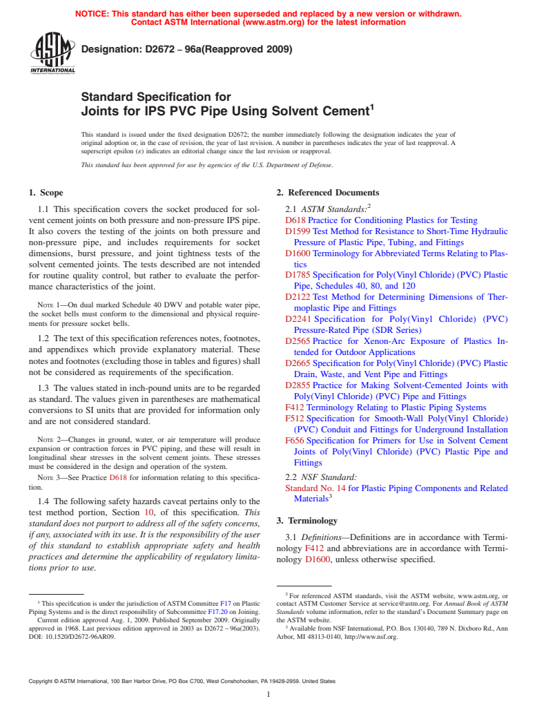 ASTM D2672-96a(2009) - Standard Specification for Joints for IPS PVC Pipe Using Solvent Cement