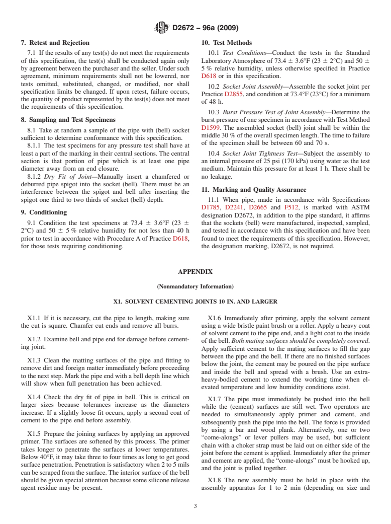 ASTM D2672-96a(2009) - Standard Specification for Joints for IPS PVC Pipe Using Solvent Cement