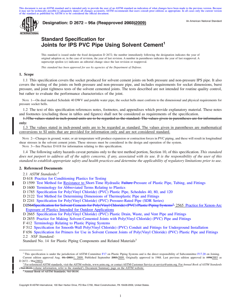 REDLINE ASTM D2672-96a(2009) - Standard Specification for Joints for IPS PVC Pipe Using Solvent Cement