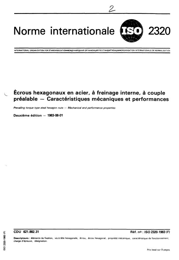 ISO 2320:1983 - Écrous hexagonaux en acier, a freinage interne, a couple préalable -- Caractéristiques mécaniques et performances