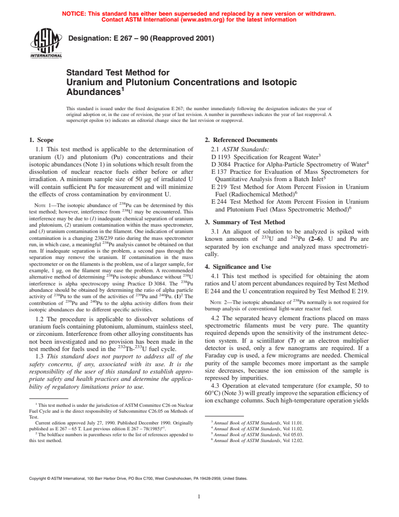 ASTM E267-90(2001) - Standard Test Method for Uranium and Plutonium Concentrations and Isotopic Abundances (Withdrawn 2006)