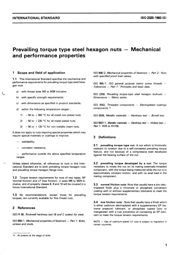 ISO 2320:1983 - Prevailing torque type steel hexagon nuts -- Mechanical and performance properties