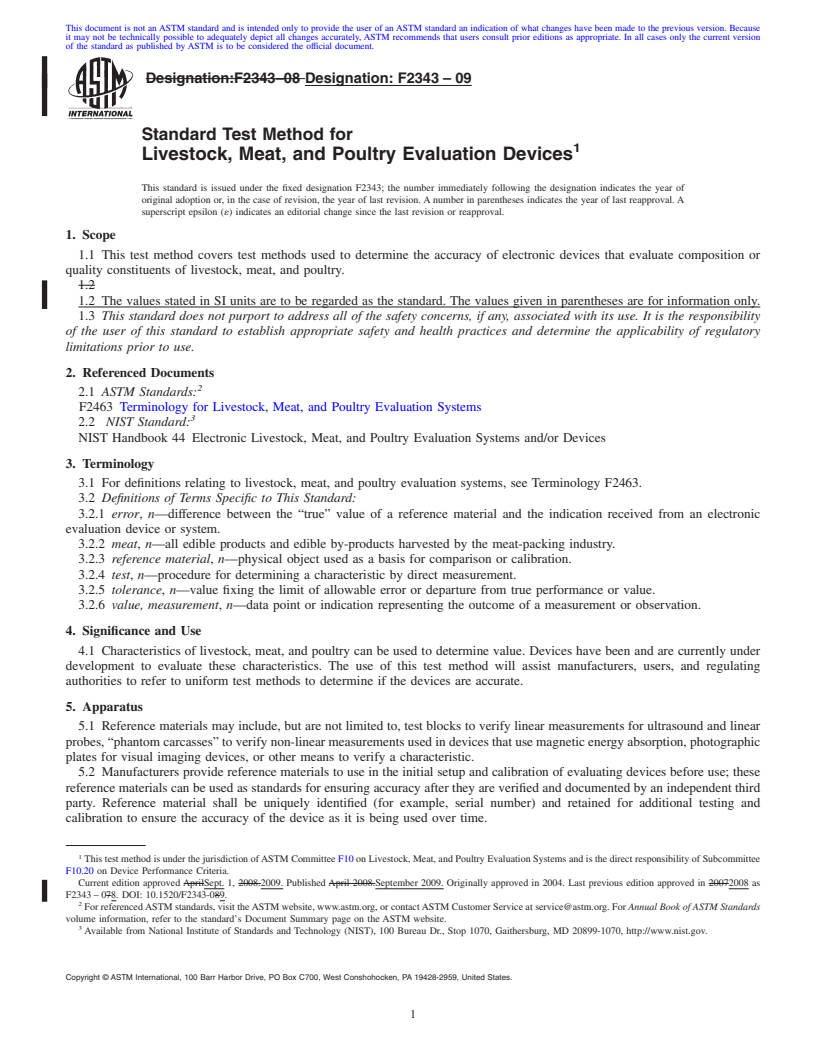 REDLINE ASTM F2343-09 - Standard Test Method for Livestock, Meat, and Poultry Evaluation Devices