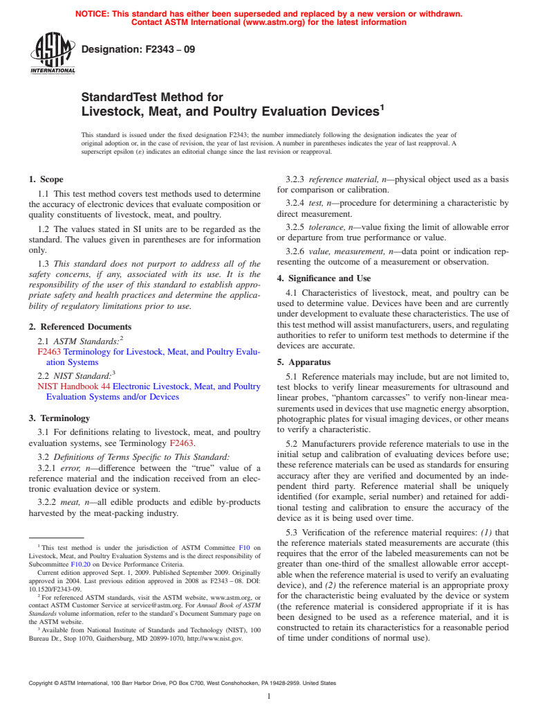 ASTM F2343-09 - Standard Test Method for Livestock, Meat, and Poultry Evaluation Devices