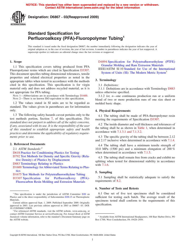 ASTM D6867-03(2009) - Standard Specification for Perfluoroalkoxy (PFA)-Fluoropolymer Tubing