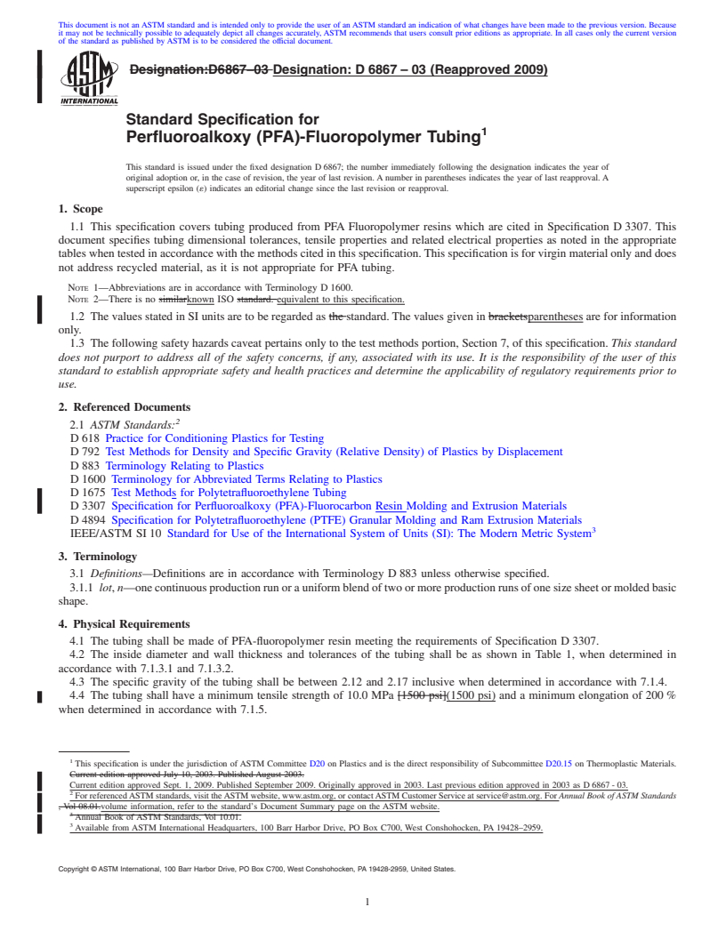 REDLINE ASTM D6867-03(2009) - Standard Specification for Perfluoroalkoxy (PFA)-Fluoropolymer Tubing