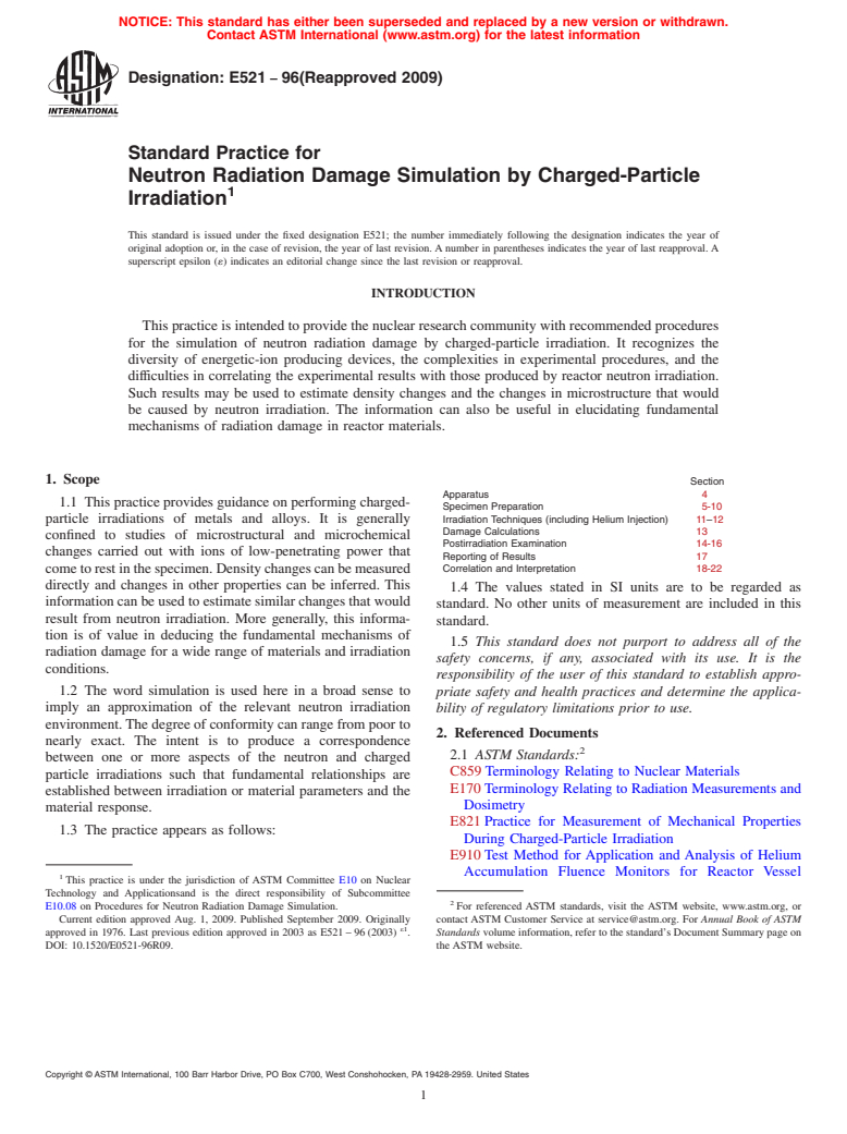 ASTM E521-96(2009) - Standard Practice for Neutron Radiation Damage Simulation by Charged-Particle Irradiation