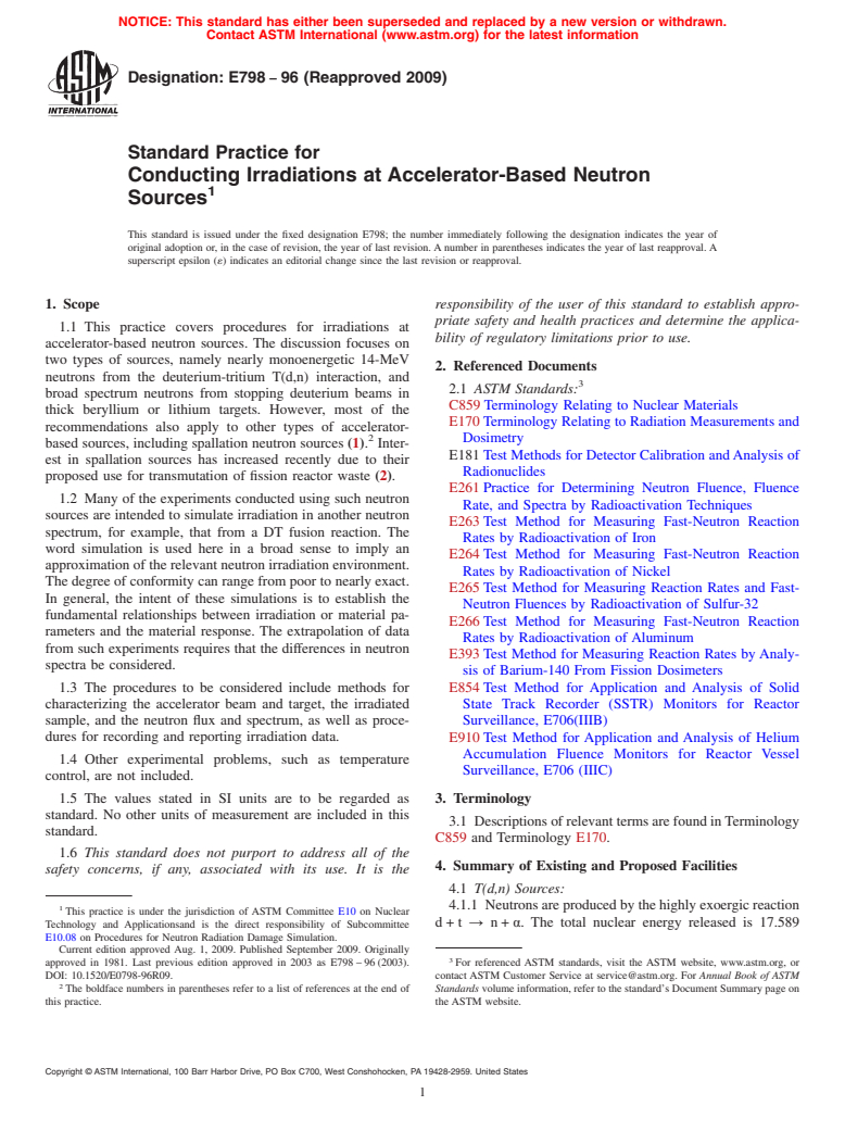 ASTM E798-96(2009) - Standard Practice for Conducting Irradiations at Accelerator-Based Neutron Sources