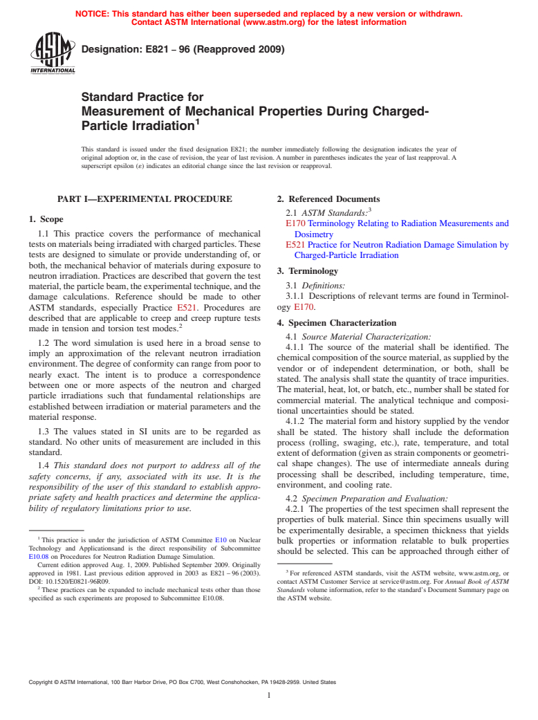 ASTM E821-96(2009) - Standard Practice for Measurement of Mechanical Properties During Charged-Particle Irradiation