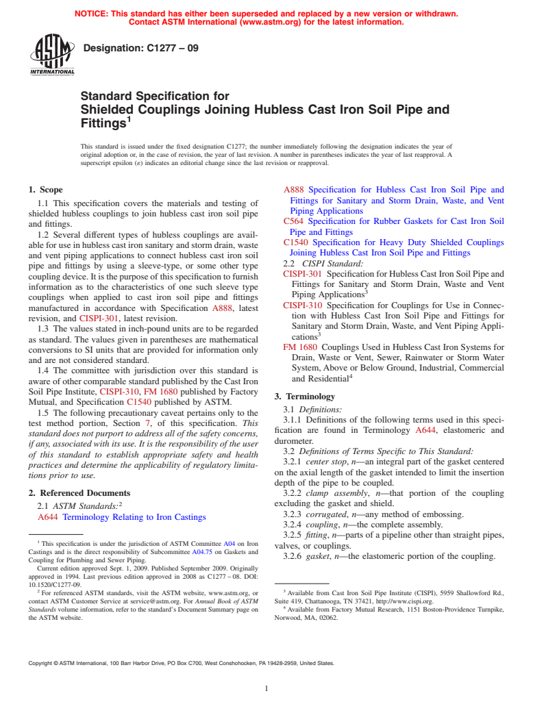 ASTM C1277-09 - Standard Specification for Shielded Couplings Joining Hubless Cast Iron Soil Pipe and Fittings