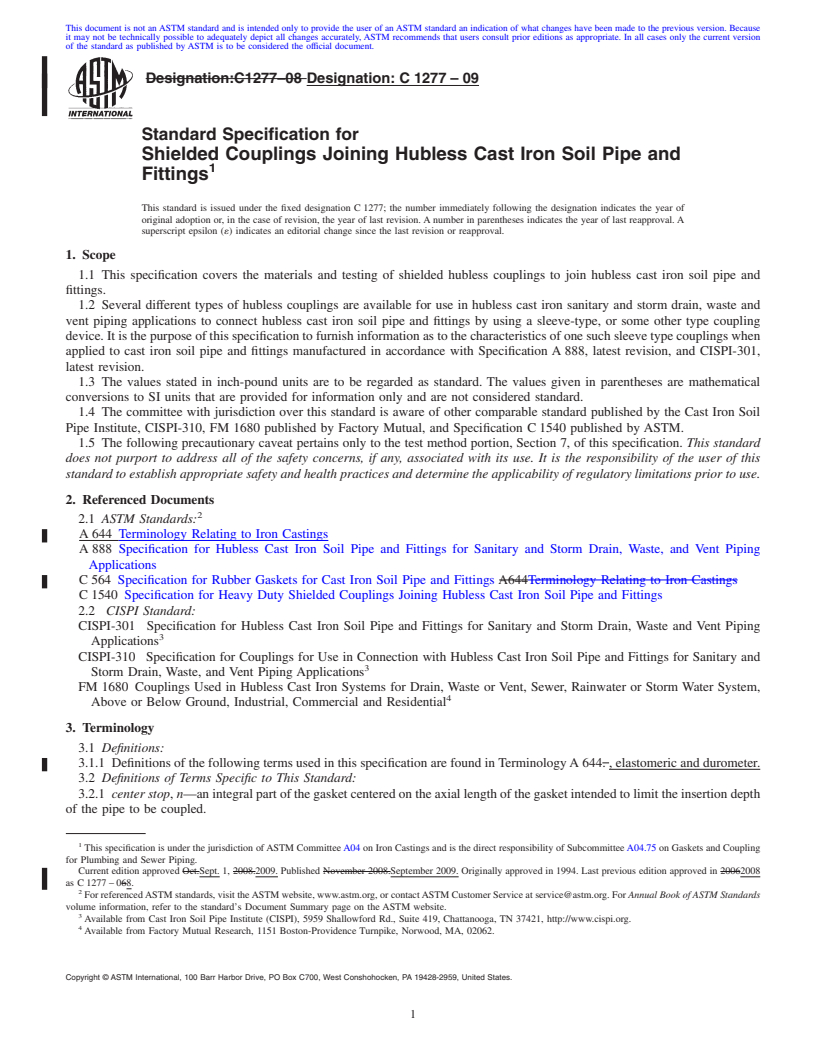 REDLINE ASTM C1277-09 - Standard Specification for Shielded Couplings Joining Hubless Cast Iron Soil Pipe and Fittings
