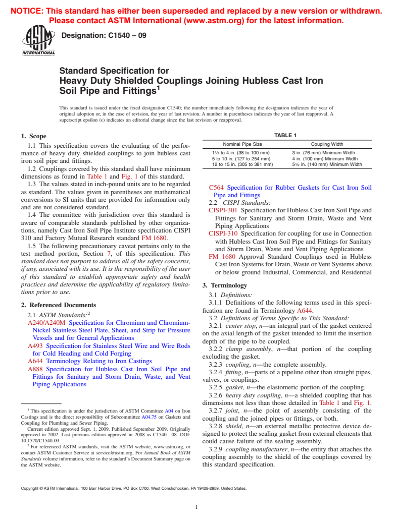 ASTM C1540-09 - Standard Specification for Heavy Duty Shielded Couplings Joining Hubless Cast Iron Soil Pipe and Fittings