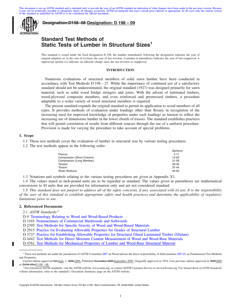 REDLINE ASTM D198-09 - Standard Test Methods of Static Tests of Lumber in Structural Sizes