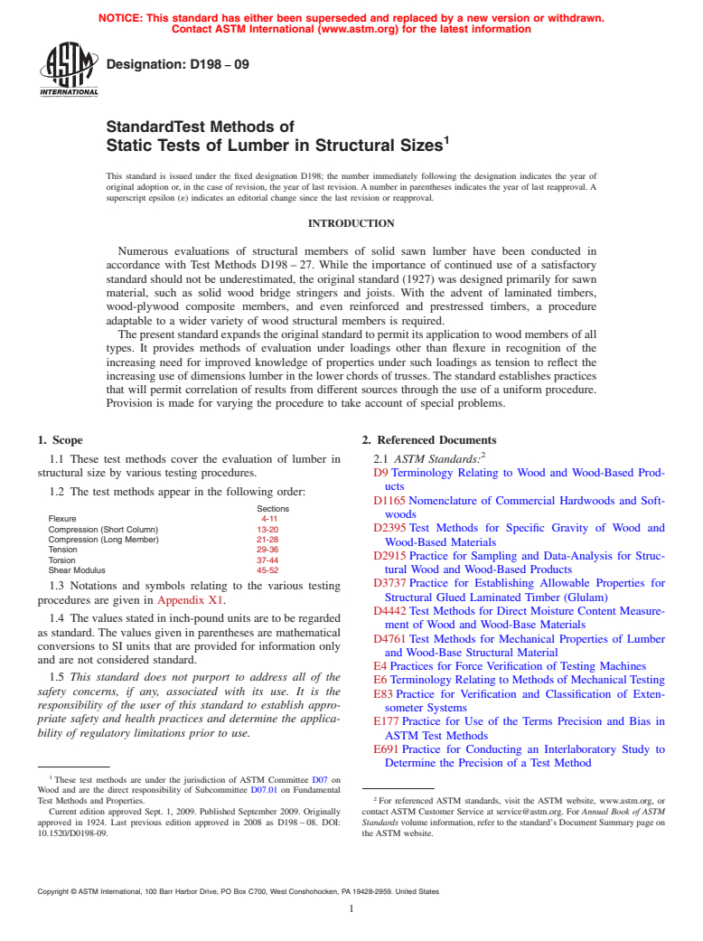 ASTM D198-09 - Standard Test Methods of Static Tests of Lumber in Structural Sizes