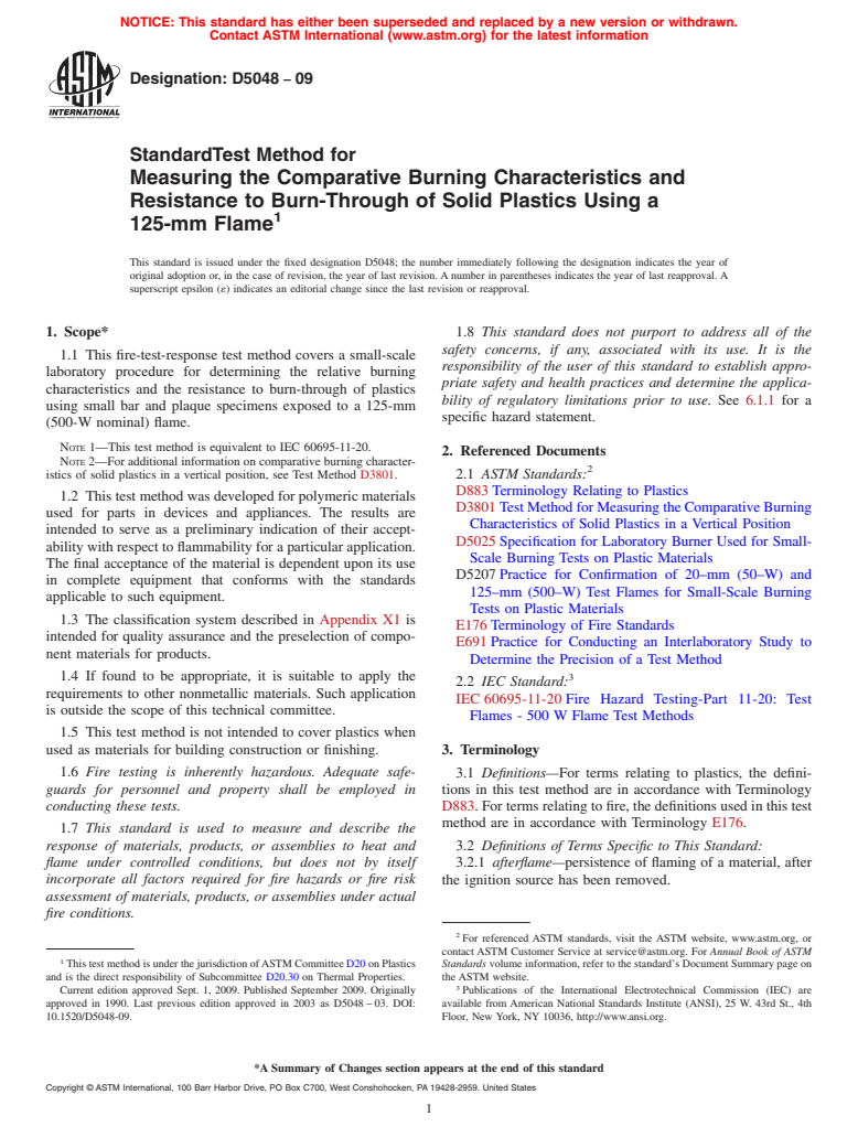 ASTM D5048-09 - Standard Test Method for Measuring the Comparative Burning Characteristics and Resistance to Burn-Through of Solid Plastics Using 125-mm Flame