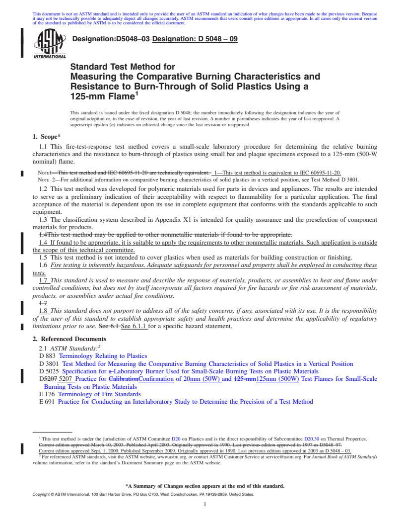 REDLINE ASTM D5048-09 - Standard Test Method for Measuring the Comparative Burning Characteristics and Resistance to Burn-Through of Solid Plastics Using 125-mm Flame