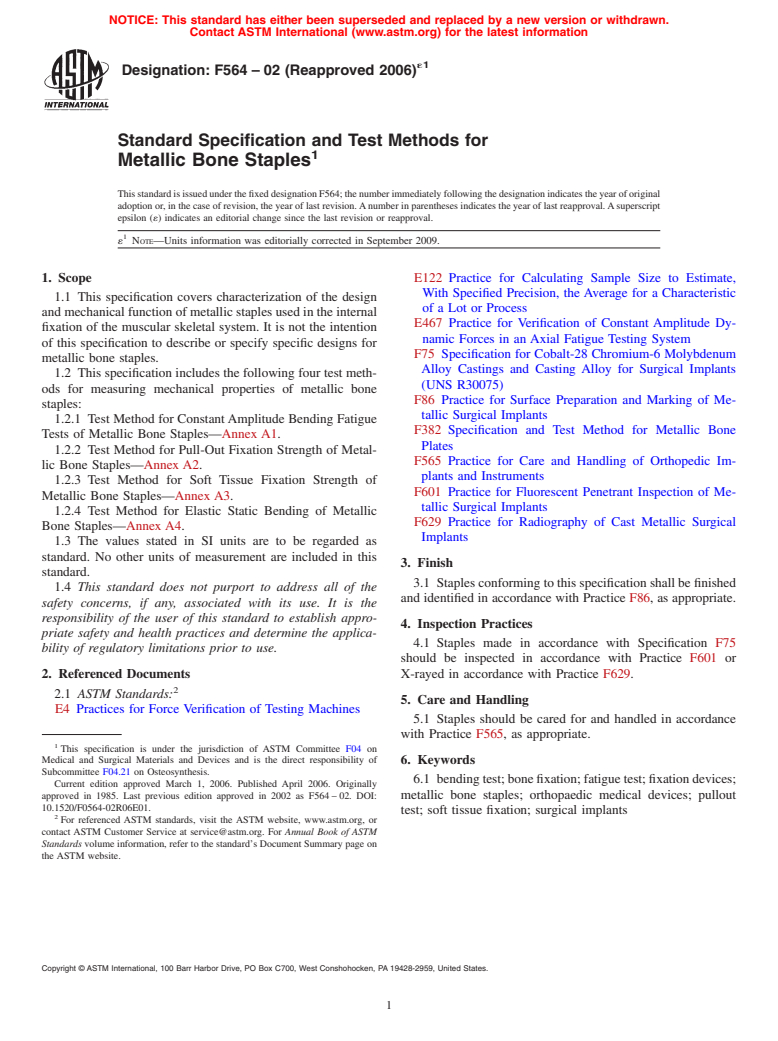 ASTM F564-02(2006)e1 - Standard Specification and Test Methods for Metallic Bone Staples