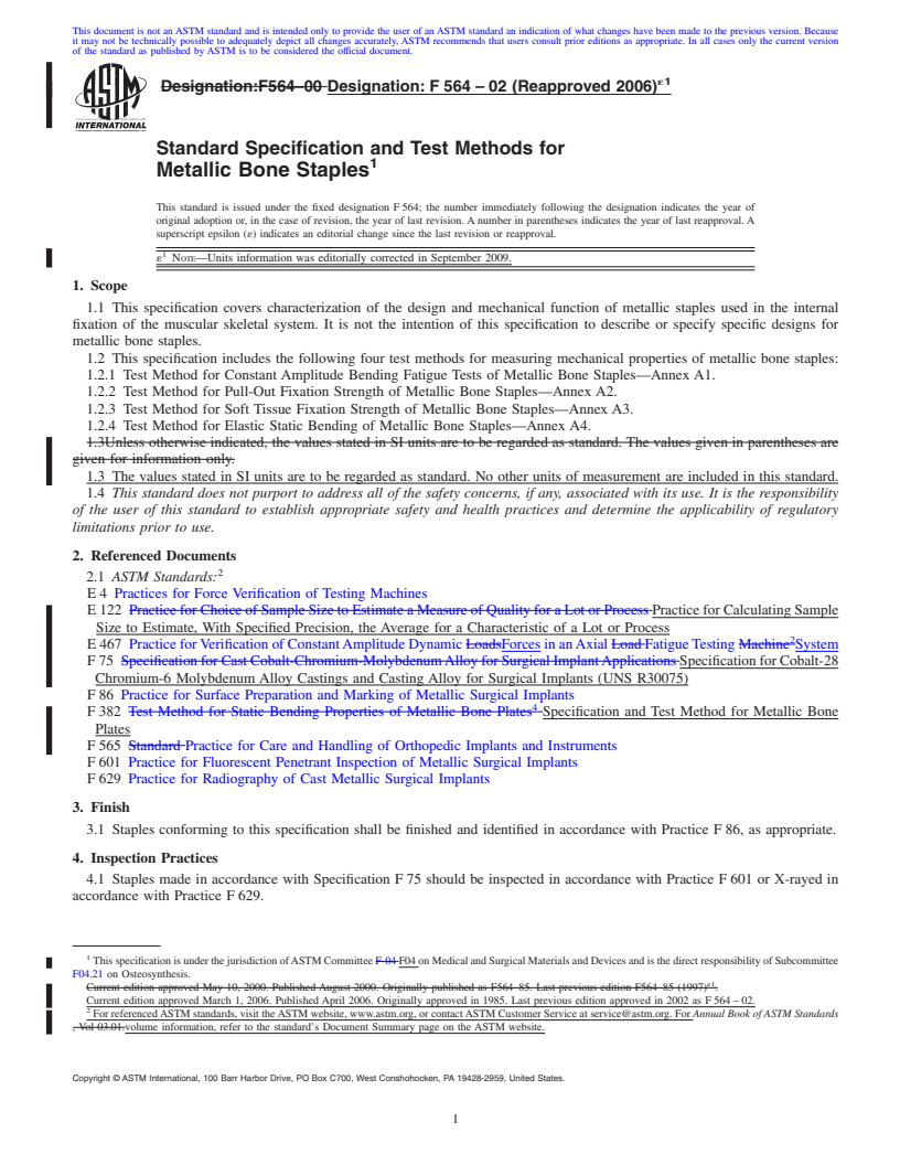 REDLINE ASTM F564-02(2006)e1 - Standard Specification and Test Methods for Metallic Bone Staples