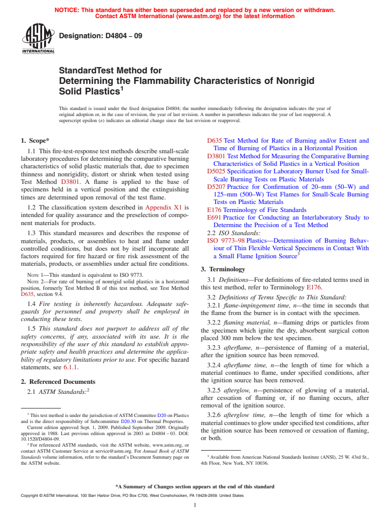 ASTM D4804-09 - Standard Test Method for Determining the Flammability Characteristics of Nonrigid Solid Plastics