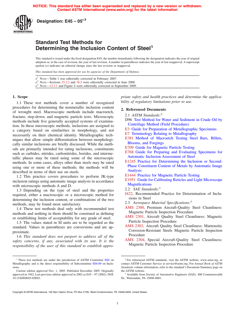 ASTM E45-05e3 - Standard Test Methods for  Determining the Inclusion Content of Steel