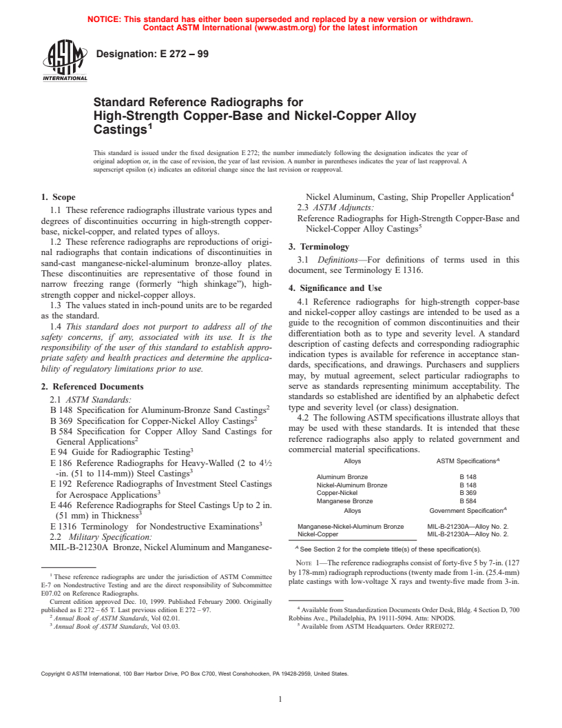 ASTM E272-99 - Standard Reference Radiographs for High-Strength Copper-Base and Nickel-Copper Alloy Castings