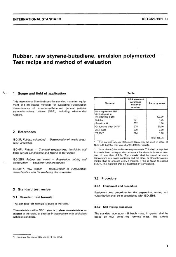 ISO 2322:1981 - Rubber, raw styrene-butadiene, emulsion polymerized -- Test recipe and method of evaluation