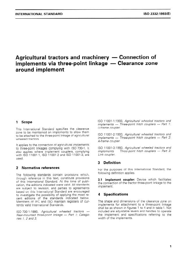 ISO 2332:1993 - Agricultural tractors and machinery -- Connection of implements via three-point linkage -- Clearance zone around implement
