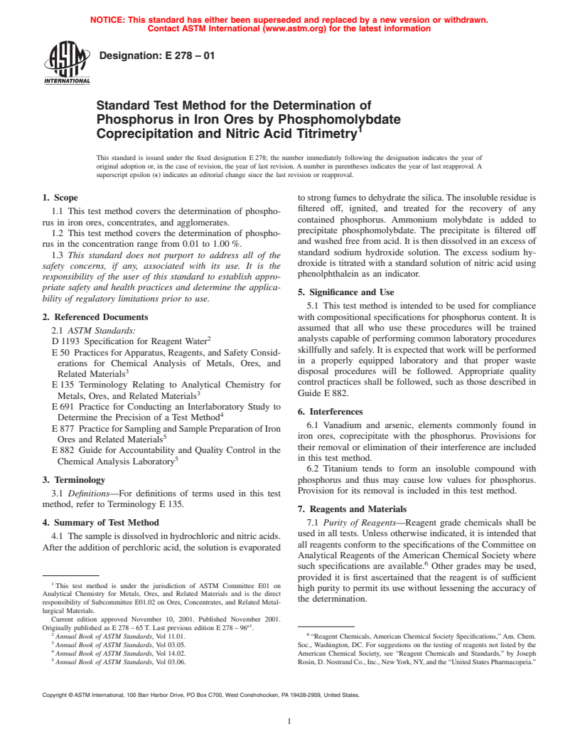 ASTM E278-01 - Standard Test Method for the Determiniation of Phosphorus in Iron Ores by Phosphomolybdate Coprecipitation and Nitric Acid Titrimetry