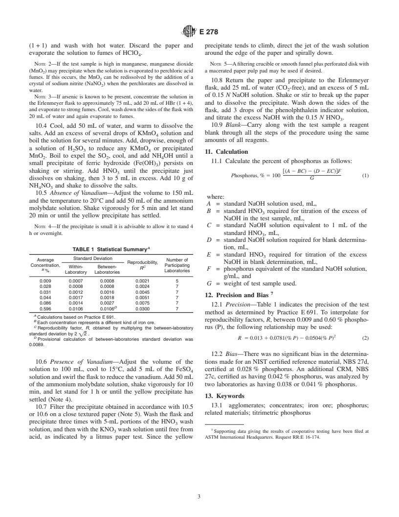 ASTM E278-01 - Standard Test Method for the Determiniation of Phosphorus in Iron Ores by Phosphomolybdate Coprecipitation and Nitric Acid Titrimetry