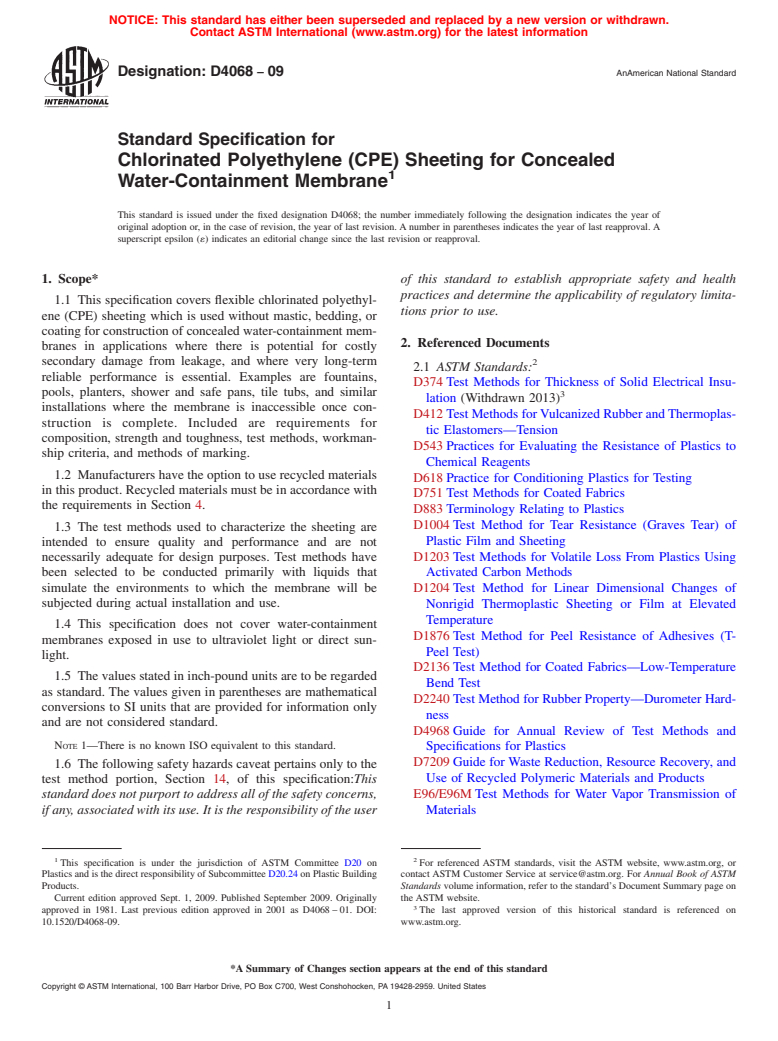 ASTM D4068-09 - Standard Specification for Chlorinated Polyethylene (CPE) Sheeting for Concealed Water-Containment Membrane