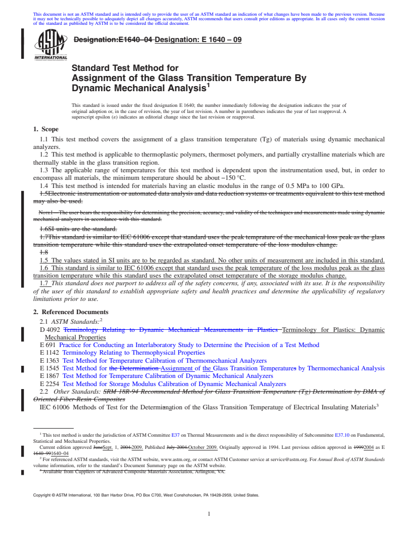 REDLINE ASTM E1640-09 - Standard Test Method for Assignment of the Glass Transition Temperature By Dynamic Mechanical Analysis