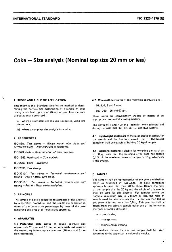 ISO 2325:1979 - Coke -- Size analysis (Nominal top size 20 mm or less)