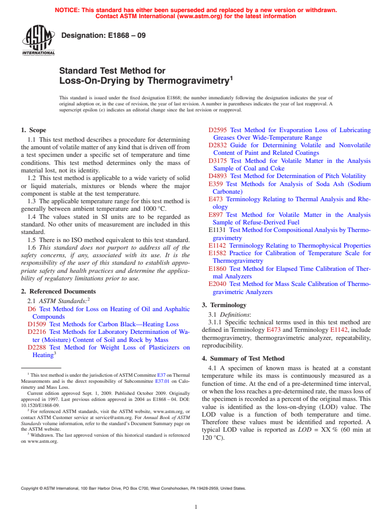 ASTM E1868-09 - Standard Test Method for Loss-On-Drying by Thermogravimetry