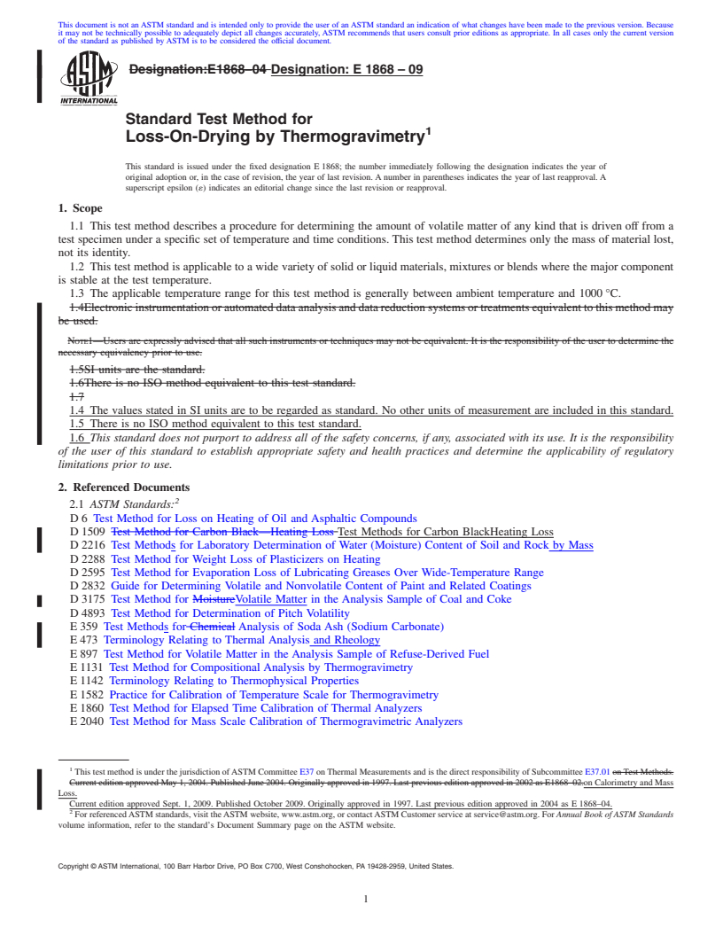 REDLINE ASTM E1868-09 - Standard Test Method for Loss-On-Drying by Thermogravimetry