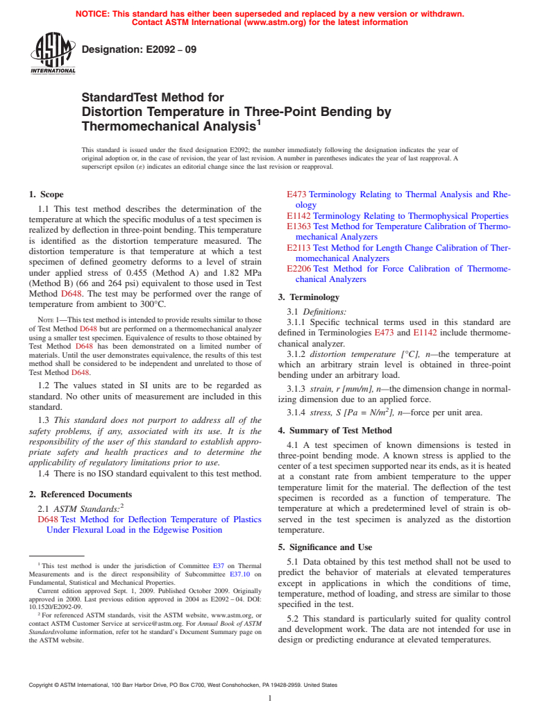 ASTM E2092-09 - Standard Test Method for Distortion Temperature in Three-Point Bending by Thermomechanical Analysis