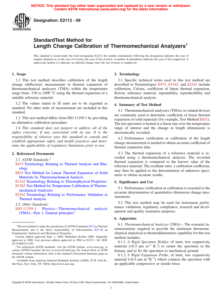 ASTM E2113-09 - Standard Test Method for Length Change Calibration of Thermomechanical Analyzers