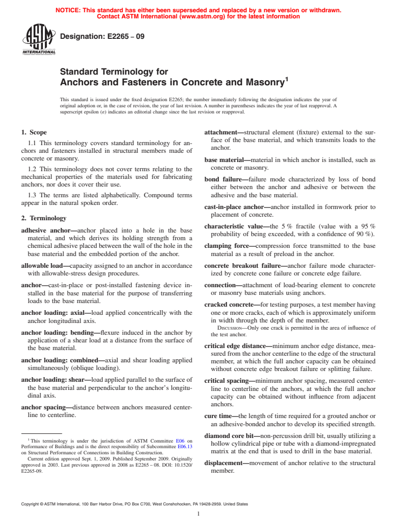 ASTM E2265-09 - Standard Terminology for Anchors and Fasteners in Concrete and Masonry