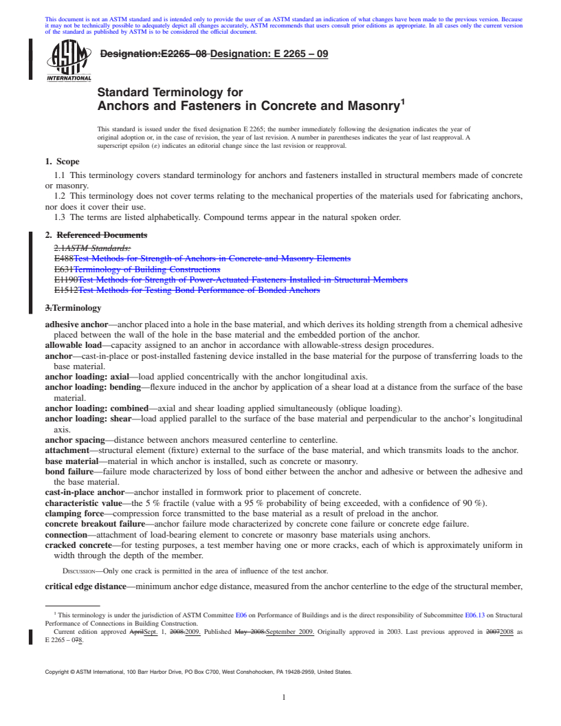 REDLINE ASTM E2265-09 - Standard Terminology for Anchors and Fasteners in Concrete and Masonry