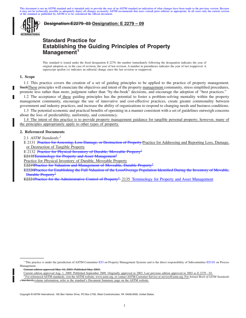 REDLINE ASTM E2279-09 - Standard Practice for Establishing the Guiding Principles of Property Management