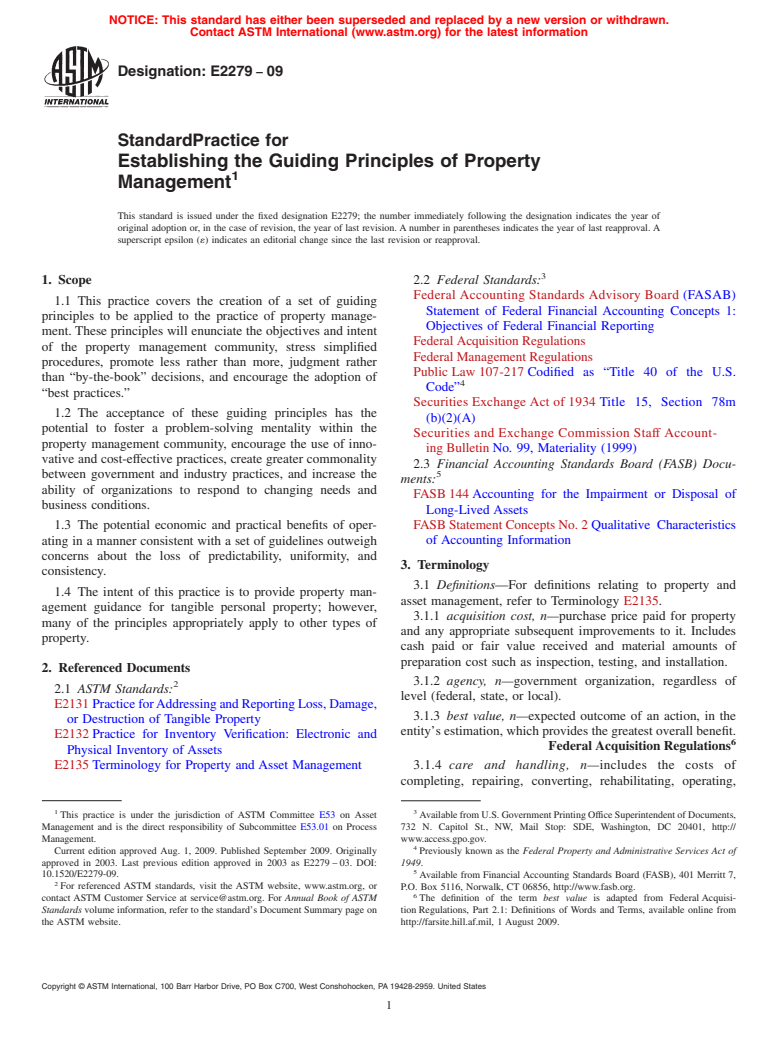 ASTM E2279-09 - Standard Practice for Establishing the Guiding Principles of Property Management