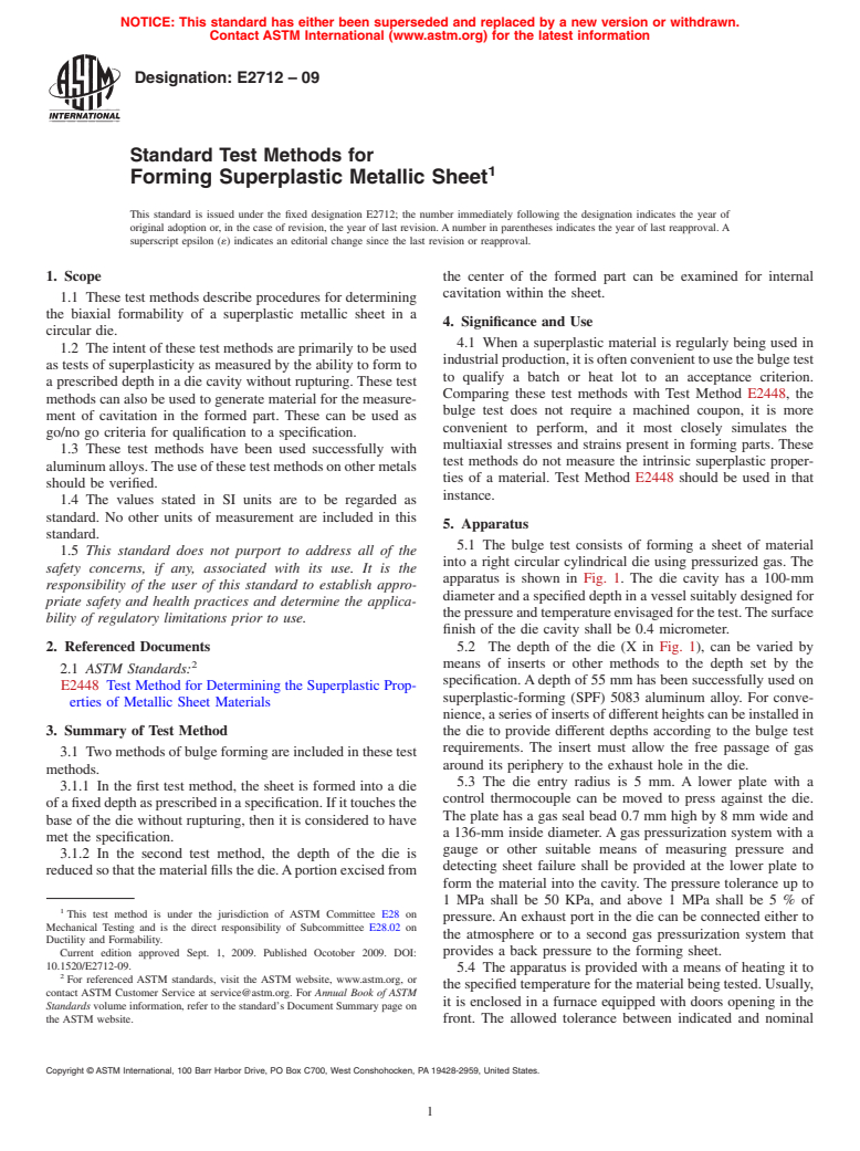 ASTM E2712-09 - Standard Test Methods for Forming Superplastic Metallic Sheet