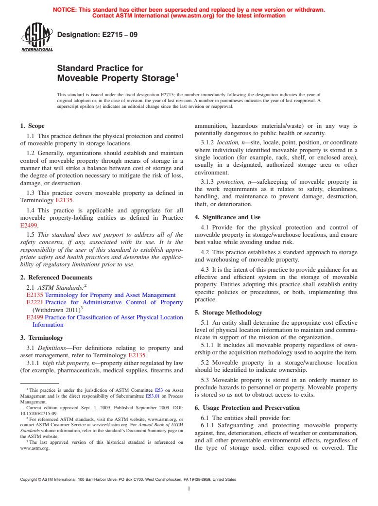 ASTM E2715-09 - Standard Practice for Moveable Property Storage