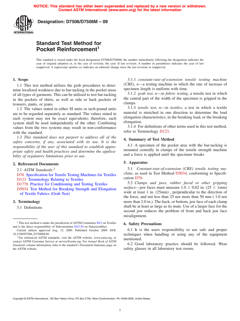 ASTM D7506/D7506M-09 - Standard Test Method for Pocket Reinforcement