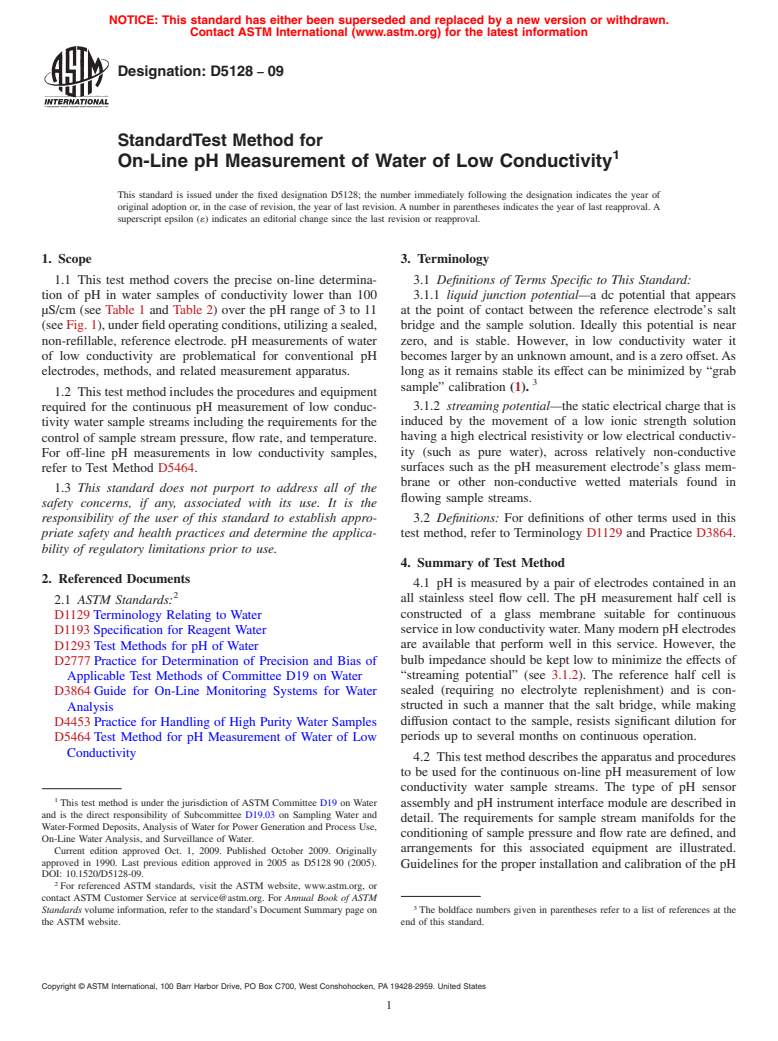 ASTM D5128-09 - Standard Test Method for On-Line pH Measurement of Water of Low Conductivity