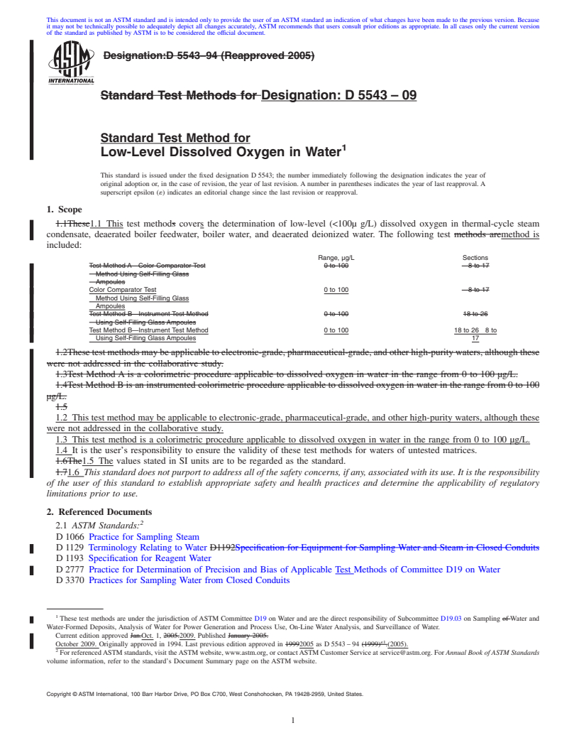 REDLINE ASTM D5543-09 - Standard Test Methods for Low-Level Dissolved Oxygen in Water